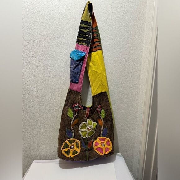 Patchwork Hippie Boho Pocket Zip Crossbody bag purse 100% cotton Made in Nepal - Picture 3 of 7